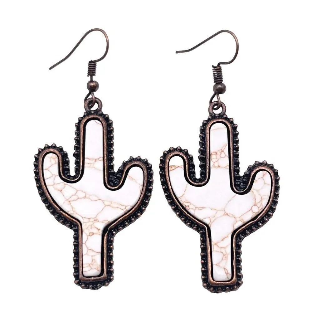 Copper with White Turquoise Boho Southwestern Cactus Hook Earrings